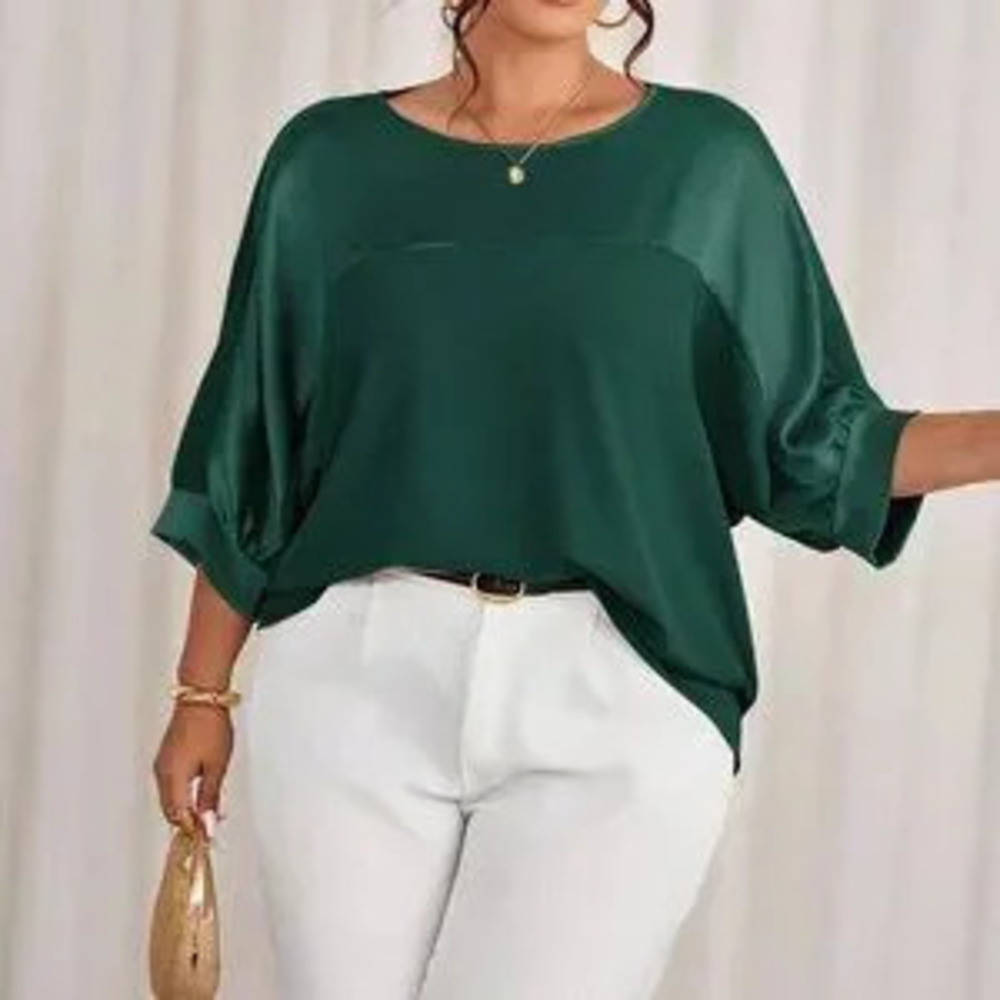 Dark Green Casual Women's Plus Size Metallic Raglan Patchwork Pullover Shirt